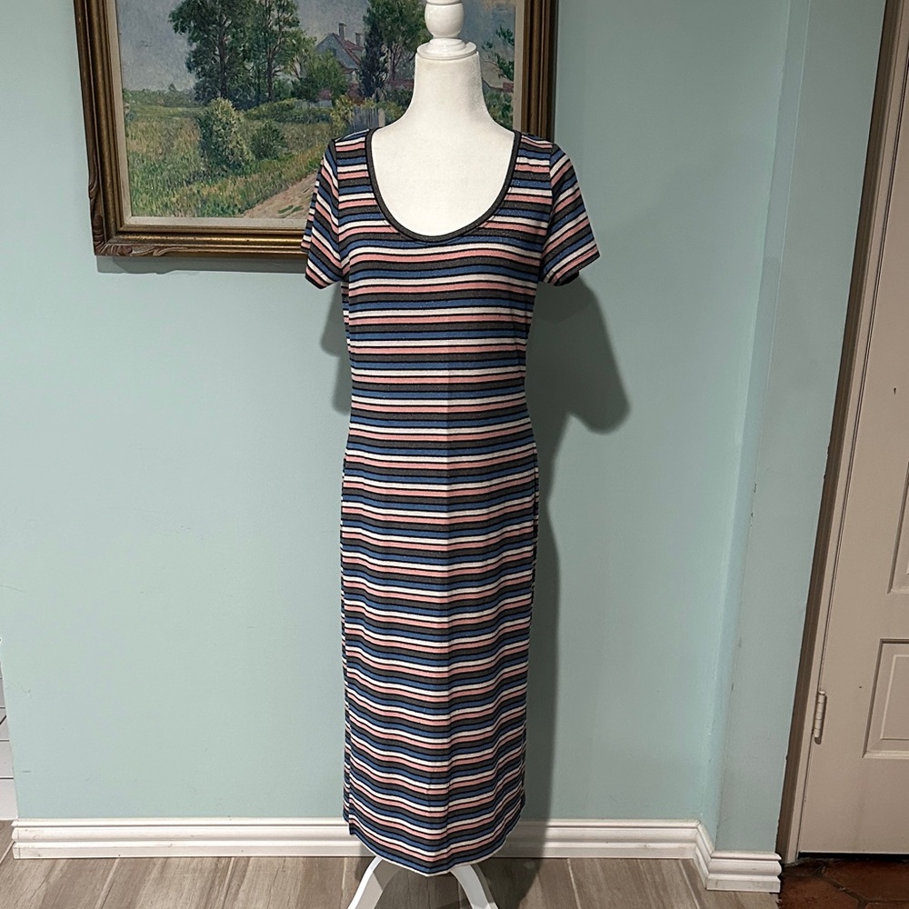 LOFT Navy and Pink Striped Midi Dress